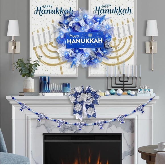 Happy Hanukkah🕎Chanukah🕎Lighted Door 18 inch Wreath w Bows🎀 - Picture 10 of 12
